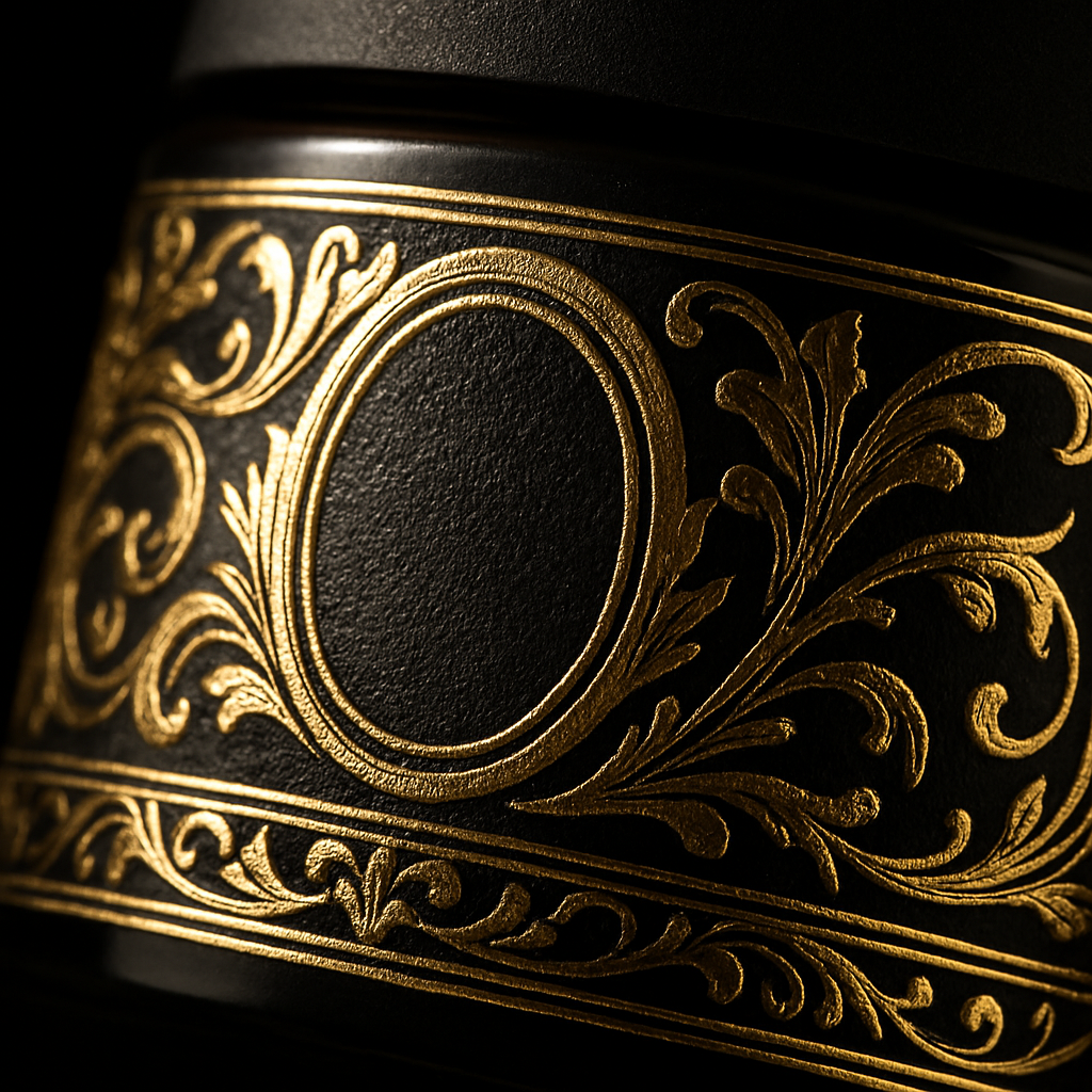 Close-up of a label with gold foil and embossing
